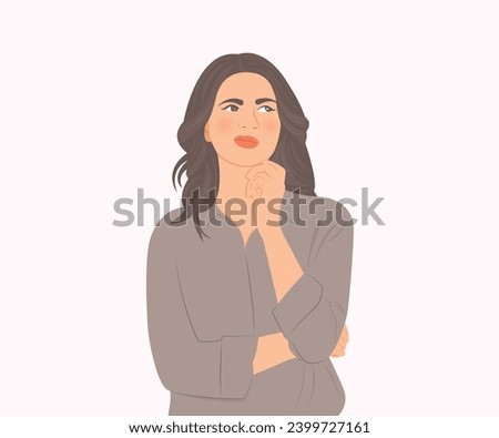 Contemplative woman holding her chin with her hand to show a thought or trouble. Vector illustration. Royalty-Free Stock Photo #2399727161