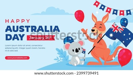 Happy Australia day. Australia national day. National day of Australia. January 26. Map of Australia with flag. Cartoon Vector illustration Template for Poster, Banner, Flyer, Greeting, Card, Cover. Royalty-Free Stock Photo #2399739491