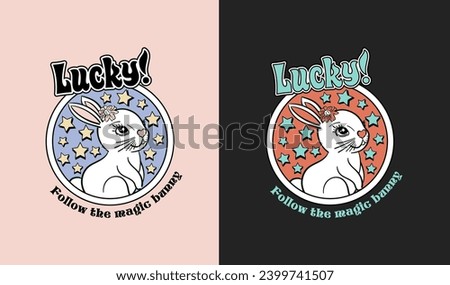 Lucky rabbit vector illustration for fashion garments. Cute, funny retro print. Royalty-Free Stock Photo #2399741507
