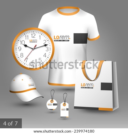Classic promotional souvenirs design for company with black and orange square elements. Elements of stationery.