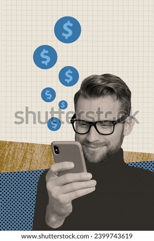 Vertical magazine photo collage of young successful guy holding mobile phone work online incoming money profit on creative background