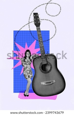 Vertical collage picture of unsatisfied mini black white colors girl learn big guitar hold microphone music isolated on drawing background