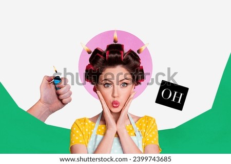 Collage portrait of arm hold lighter shocked girl pouted lips hair candle fire flame isolated on creative background