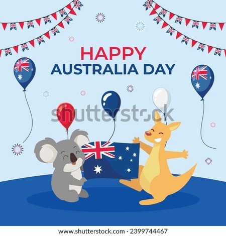 Happy Australia day background. Australia national day. National day of Australia. January 26. Map of Australia with flag. Cartoon Vector illustration for Poster, Banner, Flyer, Greeting, Card, Cover. Royalty-Free Stock Photo #2399744467