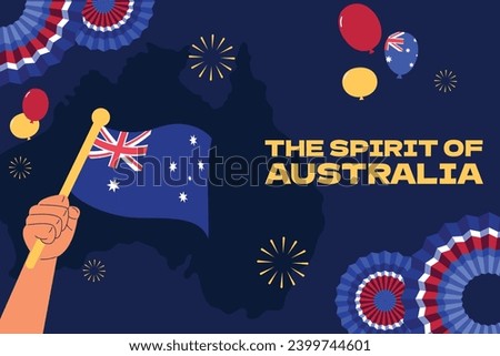 Happy Australia day background. Australia national day. National day of Australia. January 26. Map of Australia with flag. Cartoon Vector illustration for Poster, Banner, Flyer, Greeting, Card, Cover. Royalty-Free Stock Photo #2399744601