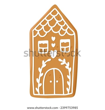 Christmas gingerbread cookie in shape of house with icing isolated on white background. Festive homemade sweet desert. Vector illustration