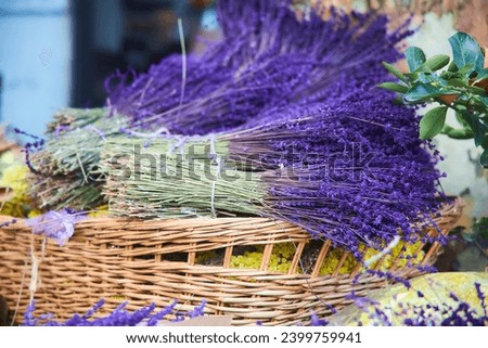 Sale of various spicy and aromatic herbs from a street stall. Lavender and other flowers.