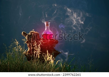 bottle of magic potions in  magical forest Royalty-Free Stock Photo #2399762261