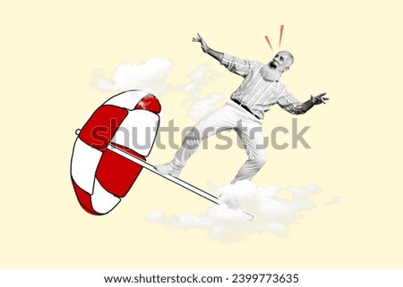Composite creative collage poster banner picture happy crazy retired man surfing air umbrella beach vacation drawing background