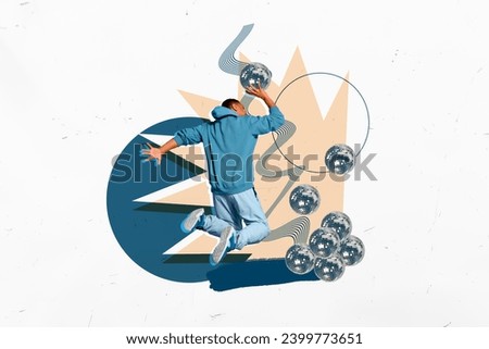Creative poster illustration picture sporty young man throwing discoballs play basketball game party clubbing white background