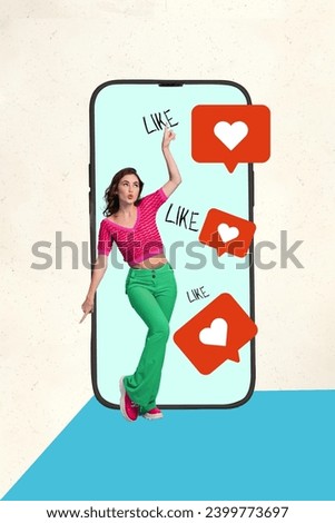 Vertical creative collage picture lovely enjoy chill young woman dance club miniature feedback heart gigantic smartphone colorful