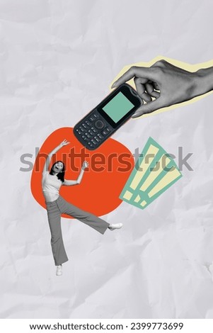 Vertical collage of black white colors arm hold give retro button cellphone mini excited girl exclamation mark isolated on grey paper background