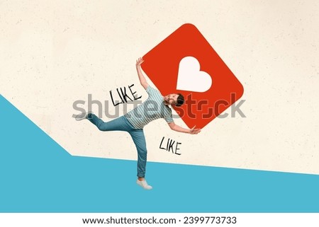 Creative collage image happy crazy young man lose balance hold large symbol heart like romantic reaction repost followers social media Royalty-Free Stock Photo #2399773733