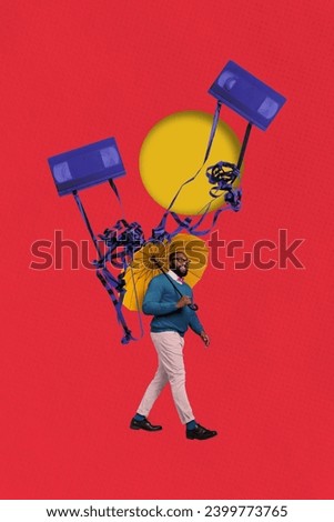 Vertical collage image of positive mini guy hold umbrella protect cover big retro videocassette tape isolated on red background