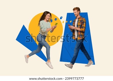 Artwork collage picture of two positive people walk run use smart phone chatting isolated on creative background