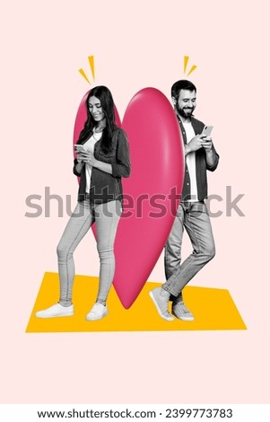 Vertical collage creative poster two lovely happy attractive man woman couple relationship text chat smartphone heart pink background Royalty-Free Stock Photo #2399773783
