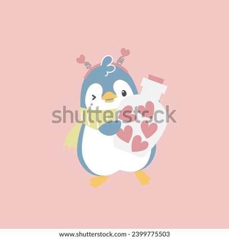 cute and lovely penguin with jar of heart, happy valentine's day, love concept, flat vector illustration cartoon character costume design