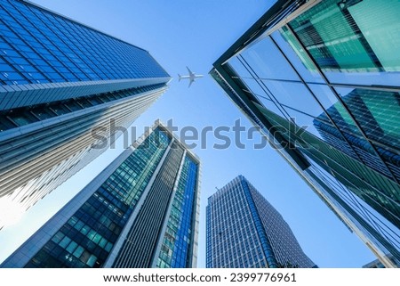 Buildings and airplanes in Tokyo, Japan