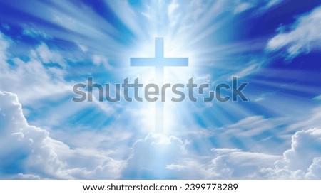 Christian cross with god ray on blue sky background