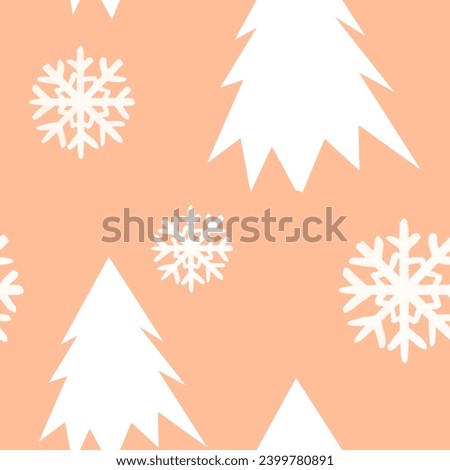 Christmas tree, snowflakes cutout background. trees happy New Year seamless pattern. Winter holiday Simple pine trees in trendy color clip art. Pantone color 2024 Peach Fuzz. color of the year