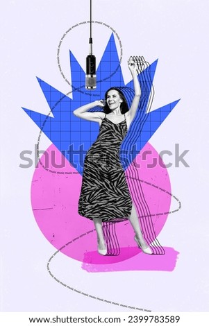Vertical photo collage of young beautiful woman lady in dress have fun in club sing a song on microphone with raised hand dance on creative colorful background