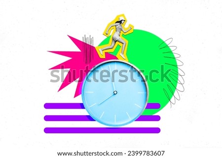 Collage picture of excited black white colors mini girl running huge wall watch clock isolated on drawing creative background