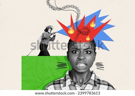 Collage picture of mini black white effect firefighter extinguish flame fire inside outraged angry girl head isolated on painted background