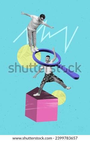 Idea template collage concept picture of young guys two colleagues team working together searching clients isolated on blue background