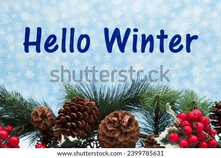 Winter time message, Garland with pine cones and red holly berries on snowflake background with text Hello Winter
