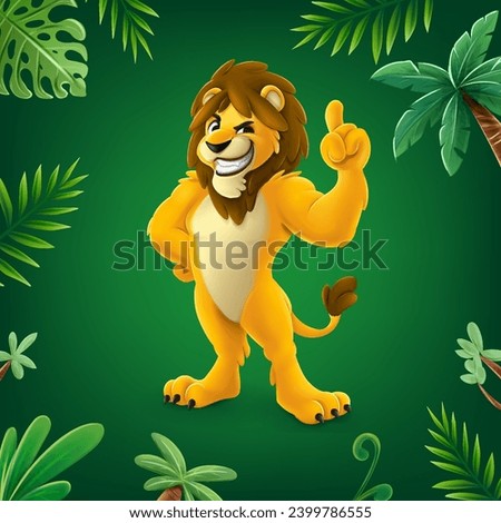 lion cartoon mascot with raised hand finger in forest with palm leaves