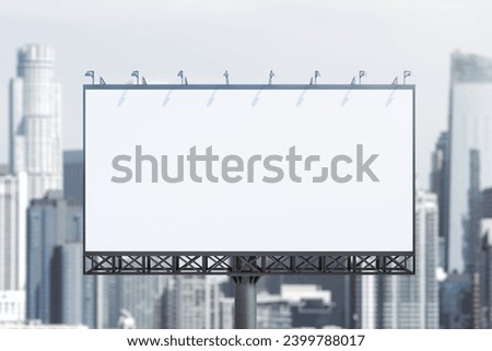 Blank white horizontal billboard on cityscape background at daytime, front view. Mockup, advertising concept