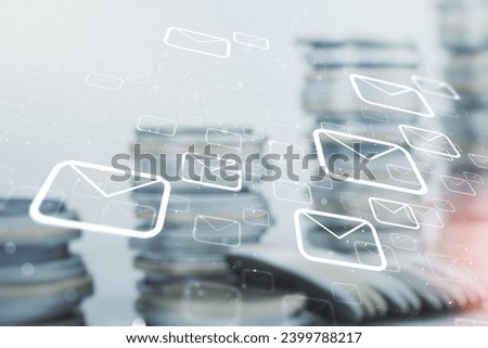 Abstract virtual postal envelopes hologram on coins background, email and notification concept. Multiexposure