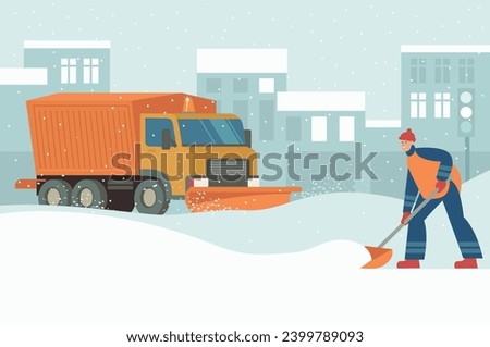 Snow plow truck cleaning urban snowy road in winter. Man cleaning city street with shovel.  Snow removal concept. Flat vector illustration Royalty-Free Stock Photo #2399789093