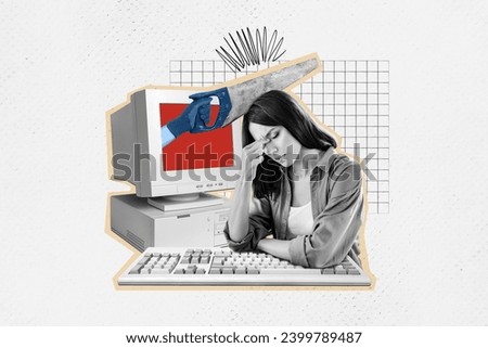 Creative picture collage banner sitting young woman annoyed depressed abused cyber network social arm monitor screen saw virtual hate Royalty-Free Stock Photo #2399789487