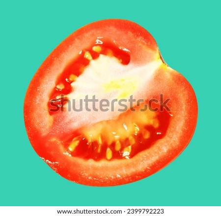 Red tomato slices or pieces isolated with clipping path, no shadow in green background, healthy vegetables food
