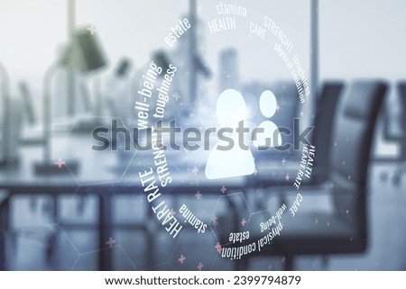 Abstract virtual people icons on a modern furnished office background. Life and health insurance concept. Multiexposure