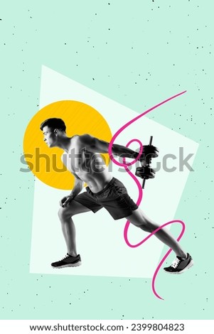 Creative picture image collage of strong bodybuilder trainer coach man hold heavy barbell intense regime for muscular body Royalty-Free Stock Photo #2399804823