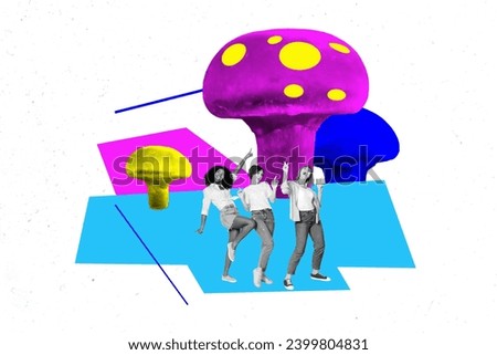 Exclusive magazine picture sketch collage image of funky carefree ladies enjoying neon mushrooms festive isolated white color background