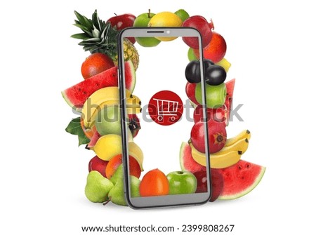 Online purchases. Shopping cart icon and different fruits coming out of smartphone screen on white background