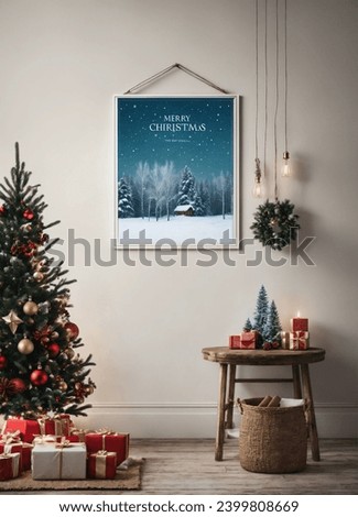 Christmas and New Year background. Xmas pine fir lush tree. Candy cane from cookies, golden gifts box. Glass Balls hanging on ribbon. Bright Winter holiday composition. Greeting card, banner, poster

