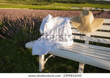 A woman's straw hat lies on a white wooden bench, a bouquet of lavender lies on it, the sunset in the rays. Place for writing, background