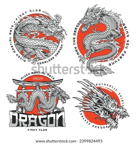 MMA dragon set flyers colorful reptile from fight club and mixed martial arts inscriptions for design fighters clothing vector illustration