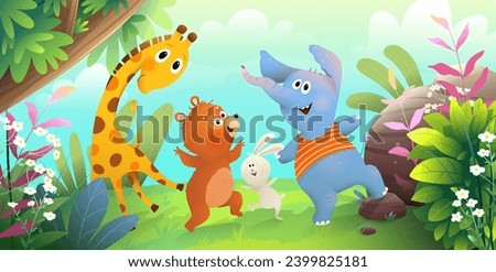 Funny animals dancing jumping playing in forest. Jungle cartoon for kids events and children party. Cute hand drawn zoo characters cartoon. Vector illustration in watercolor style for kids.