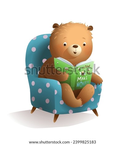 Cute Teddy Bear Reading Book in Armchair isolated clipart. Animal cartoon for kids, animals reading or studying. Storytelling book for children education. Vector illustration in watercolor style.