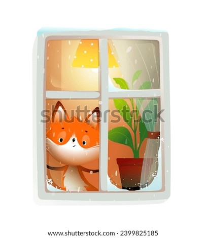 Cute little fox looking from window in winter or Christmas time. Baby fox and snowy window, wintertime illustration for kids. Isolated vector clipart Illustration in watercolor style for children.