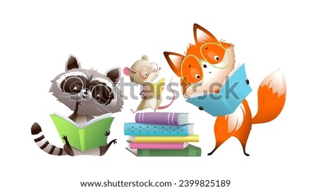 Cute animals reading books. Fox, raccoon and mouse studying, cartoon for children education. Funny library characters for kids. Vector hand drawn clip art illustration in watercolor style.