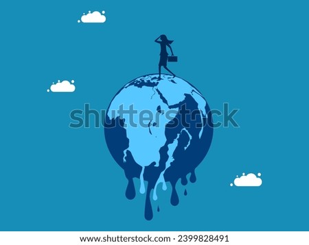 Climate change concept. woman on a melting earth. Vector 