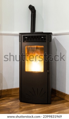 Vertical photo of a pellet stove inside a living room of a house. Renewable energy source.biomass in pellet form.