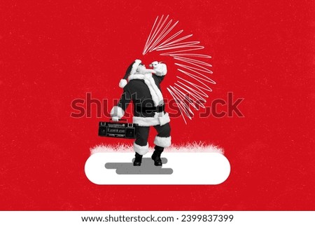 Creative poster collage of santa claus singing mic boom box red white new year snowy atmosphere christmas celebration x-mas