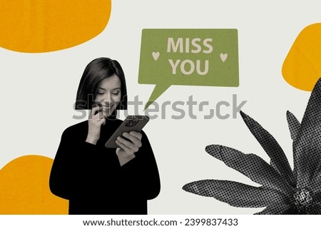 Horizontal creative photo collage of young happy girlfriend read message from boyfriend how he missed her couple love black white effect